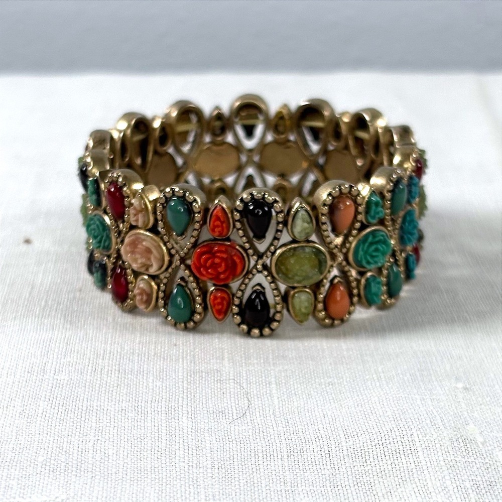 Vintage Liz Claiborne Multi Color Floral Carved Rose Stretch Bracelet